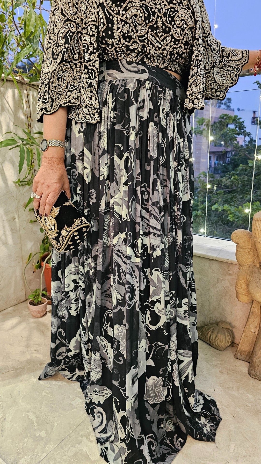 A Beautiful Black and White Chinon Outfit With Heavy Hand Embroidered Jacket and Blouse and With Chinon Printed Bottom