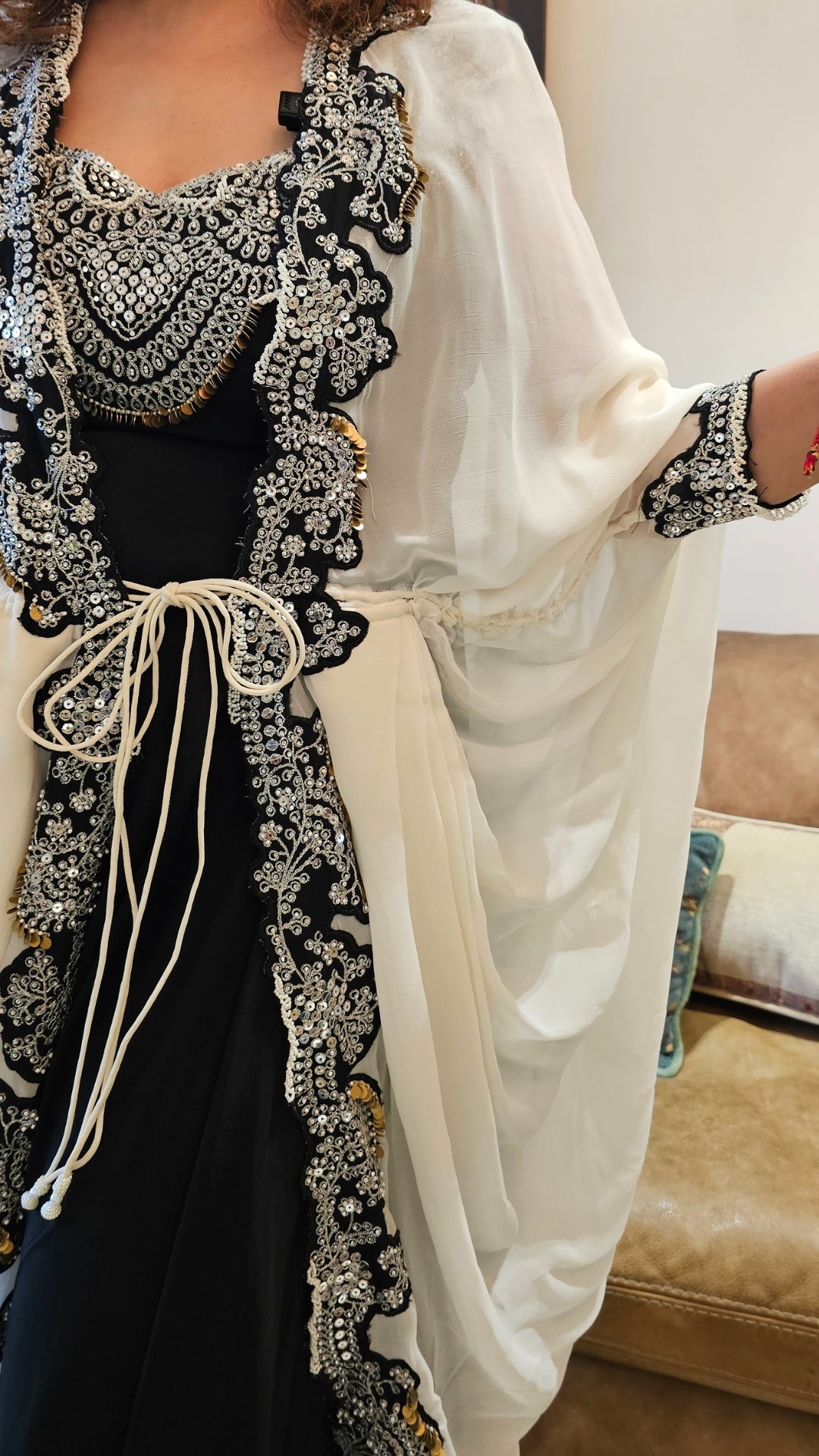 A Beautiful Heavily Embellished Crepe & Georgette Jumpsuit With Heavy Embroidery on Neck and Cape