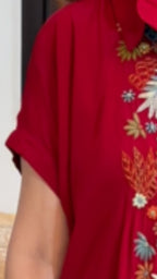 Red Comfortable and Elegant Crepe Outfit With Fusion Multicoloured Embroidery Top With Pockets Teamed With Smart Pants