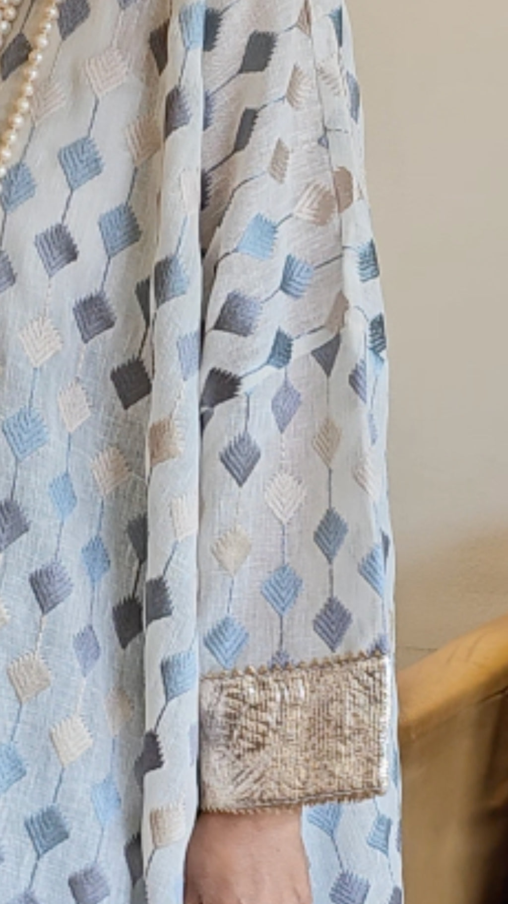 Blue and Ivory Linen Embroidered Top With Silk Cotton Afghani Pants