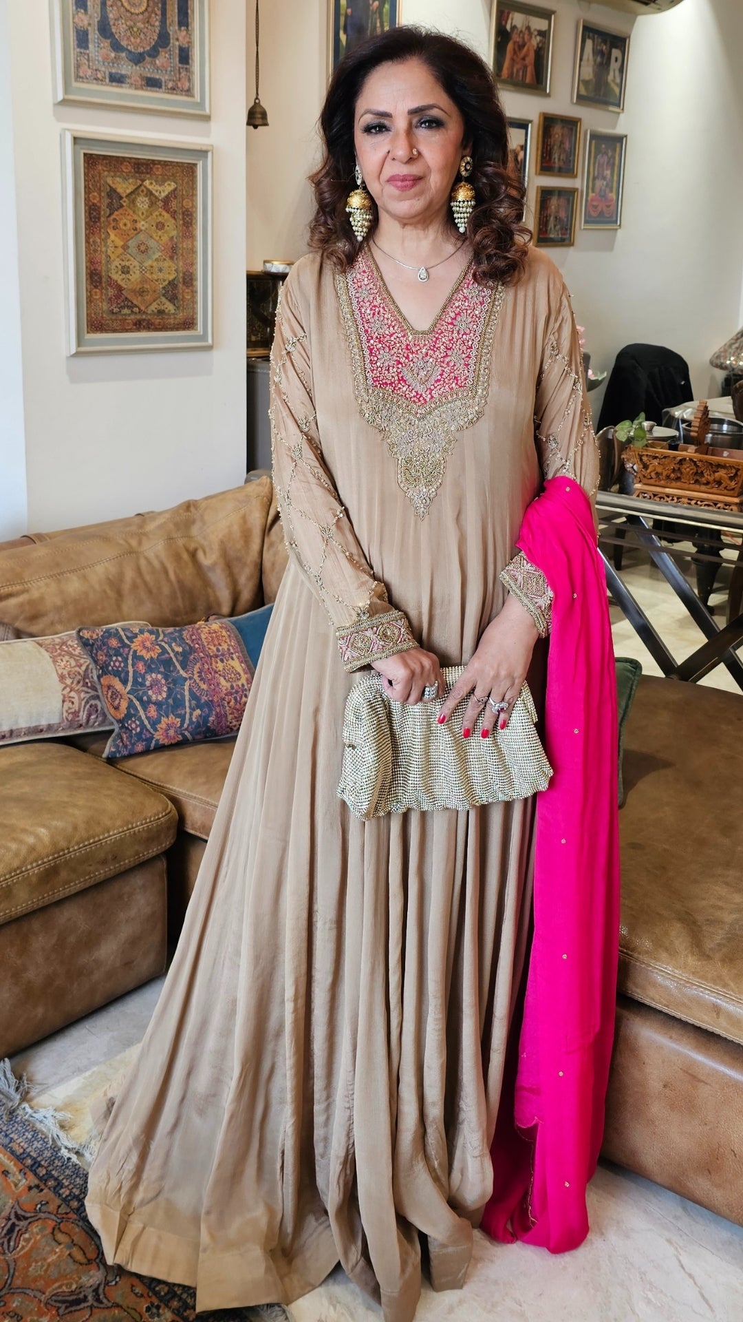 A Royal Full Length One Piece Dress With A Embroidered Dupatta & Hand Embellished Sleeves and Neck Line