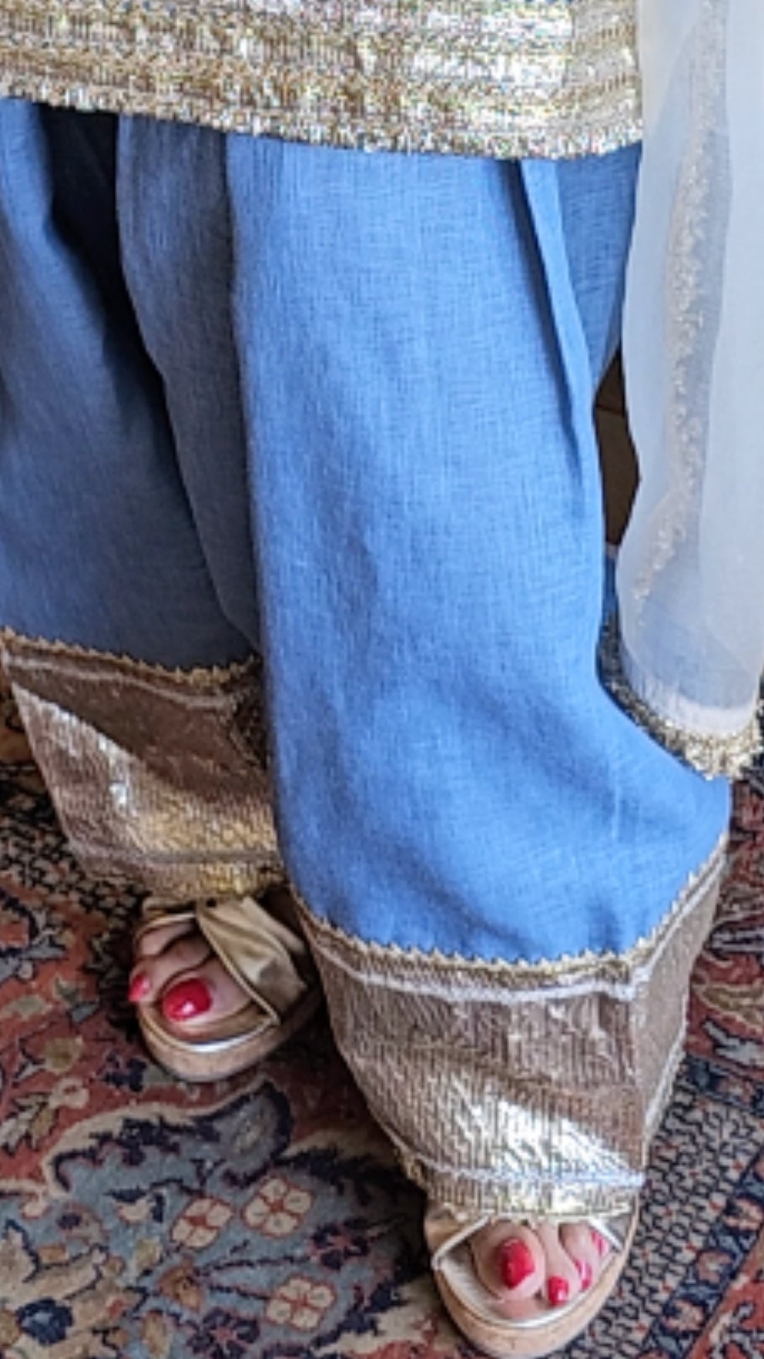 Ice Blue Linen Embroidered Top With Linen Bottom and Organza Dupatta