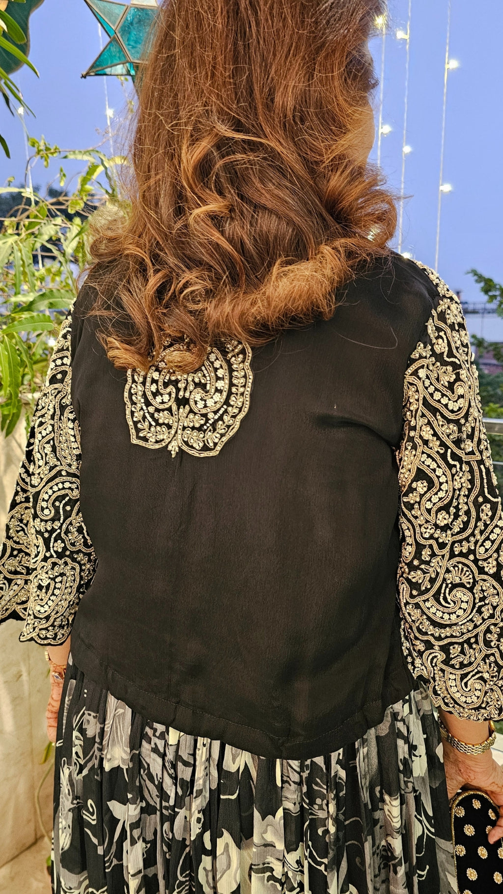 A Beautiful Black and White Chinon Outfit With Heavy Hand Embroidered Jacket and Blouse and With Chinon Printed Bottom