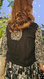 A Beautiful Black and White Chinon Outfit With Heavy Hand Embroidered Jacket and Blouse and With Chinon Printed Bottom