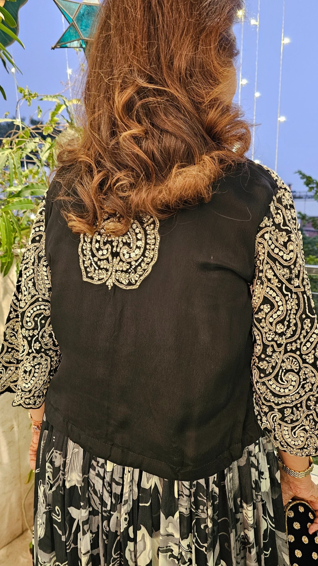 A Beautiful Black and White Chinon Outfit With Heavy Hand Embroidered Jacket and Blouse and With Chinon Printed Bottom