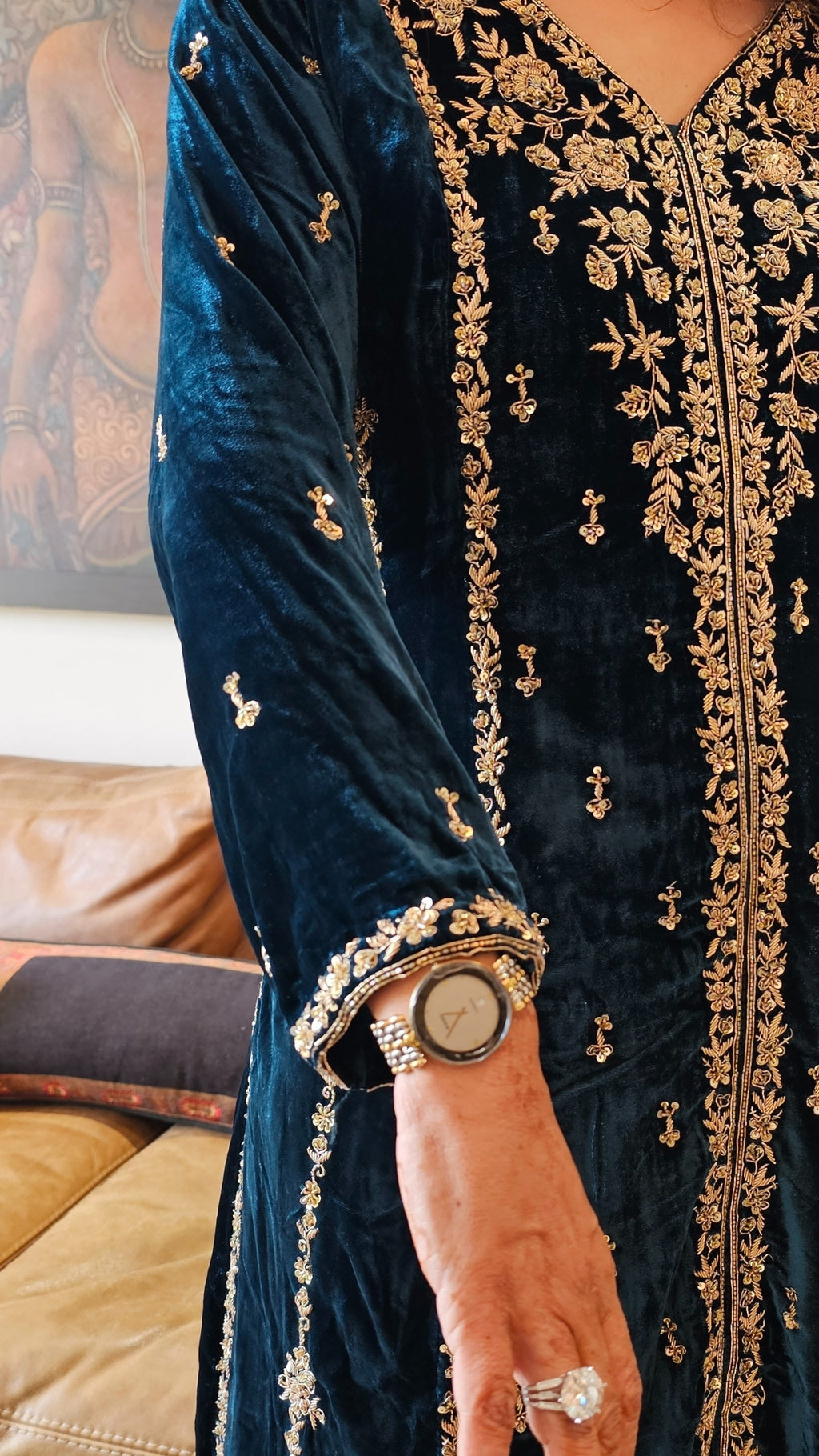 Gorgeous Plush Emerald Silk Velvet Top and Bottom with Hand Embroidery, Dabka work with Tissue Dupatta