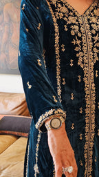 Gorgeous Plush Emerald Silk Velvet Top and Bottom with Hand Embroidery, Dabka work with Tissue Dupatta
