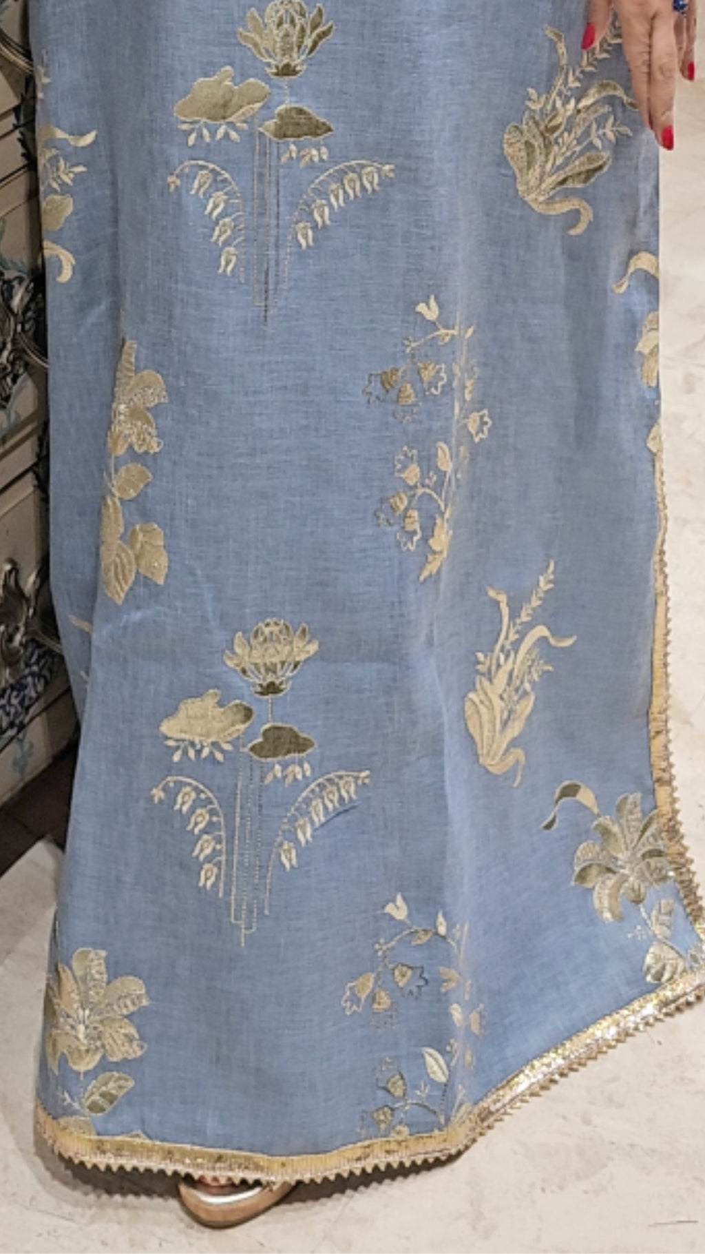 Ice Blue Linen Kaftan Maxi Dress in Gold Embroidered