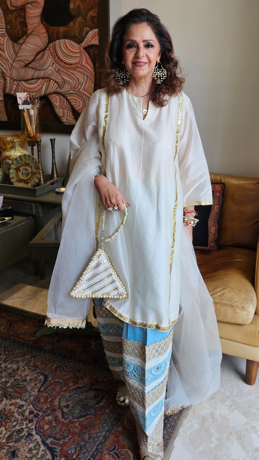 Ivory Chendari Silk Top and Bottom Set With Hand Embroidered Work and Dupatta