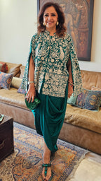 Adorable Emerald Green Silk Parsi Hand embroidery with hand embroidered Bead work cape with satin Drape Skirt