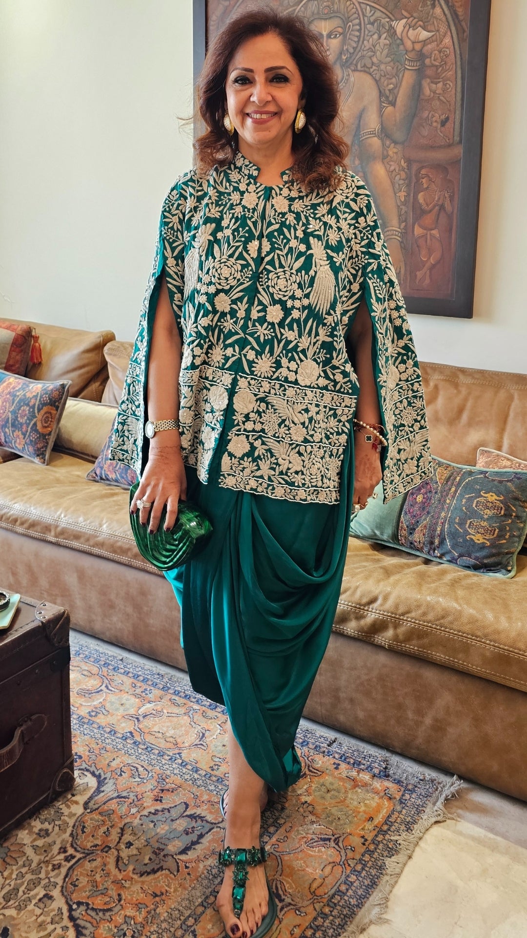 Adorable Emerald Green Silk Parsi Hand embroidery with hand embroidered Bead work cape with satin Drape Skirt