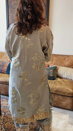 Grey Linen Embroidered Top With Linen Bottom