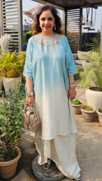 Stunning Blended Raw Silk Ombre Dyed Hand Embroidered Kaftan Style Outfit With Drape Skirt