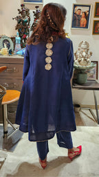 Navy Blue Linen Co-ord Set With Gota Flower Work