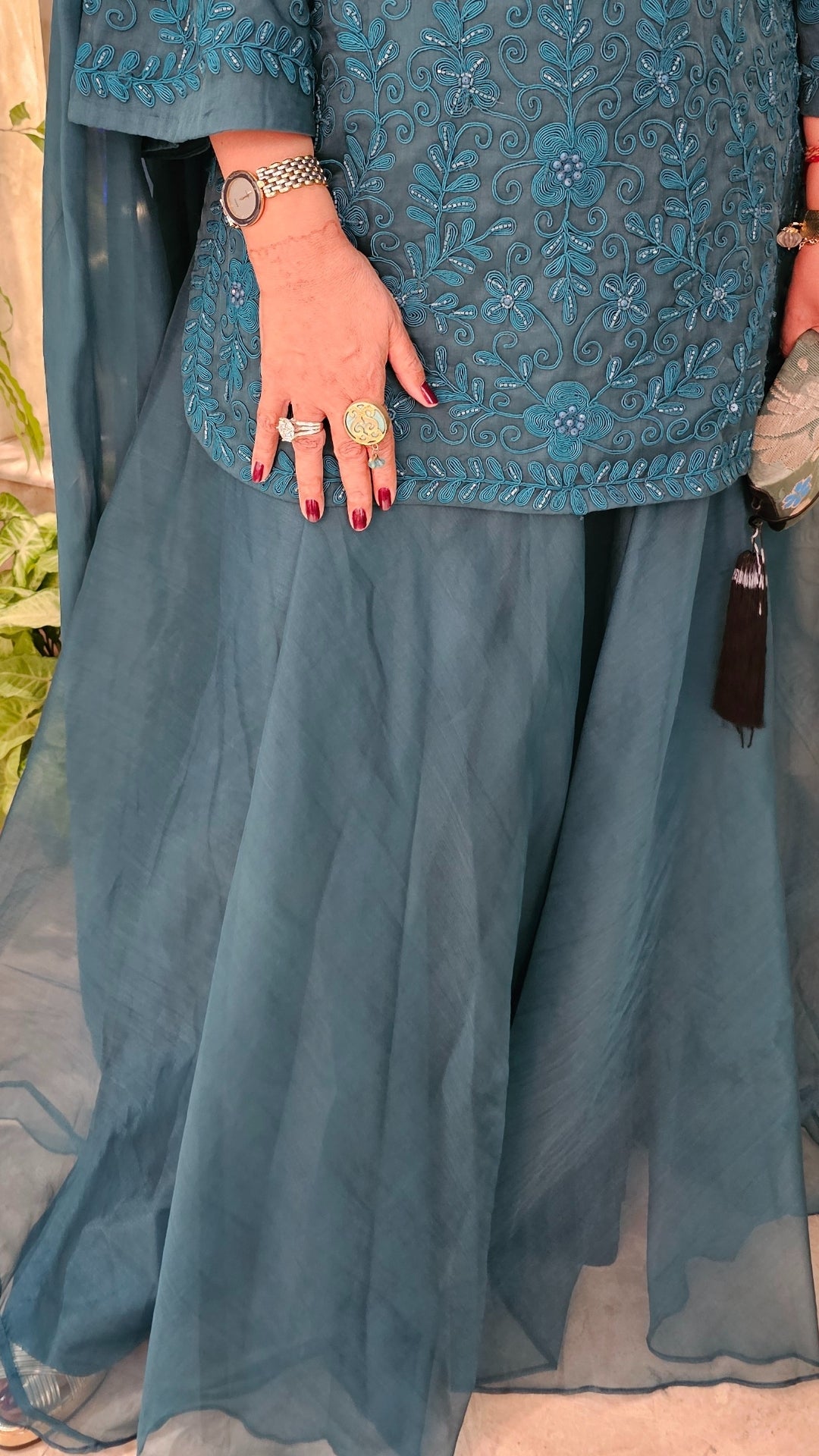 Teal Blue Gharara 3 Piece Set in Pure Organza With Dori Embroidery and Handwork