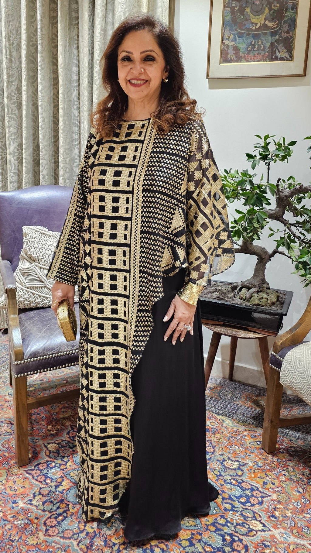 Stunning Satin Dress With Attached Embroidered Cape in Gold Embroidery