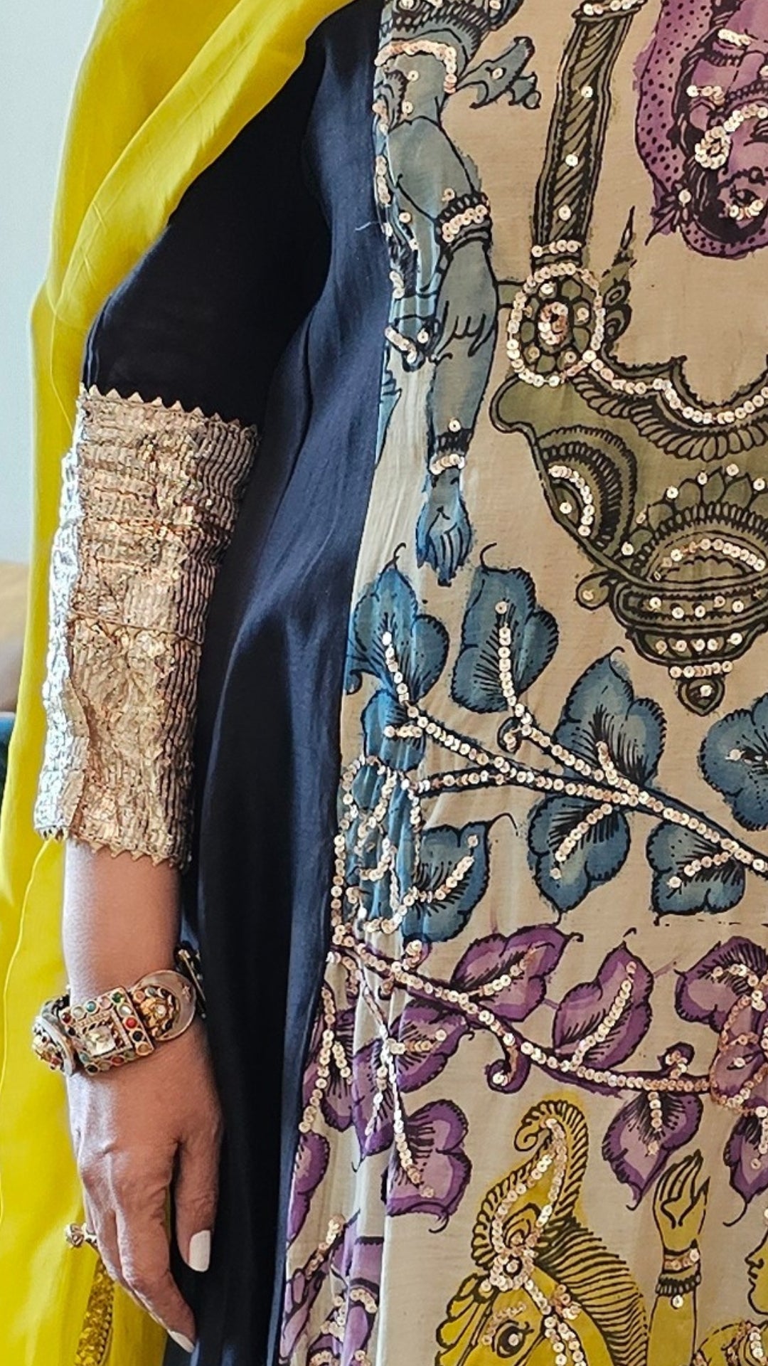 Multicolour Chanderi Silk Kurta With Hand Painted Kalamkari, Embroidered and Gota Kinari Work