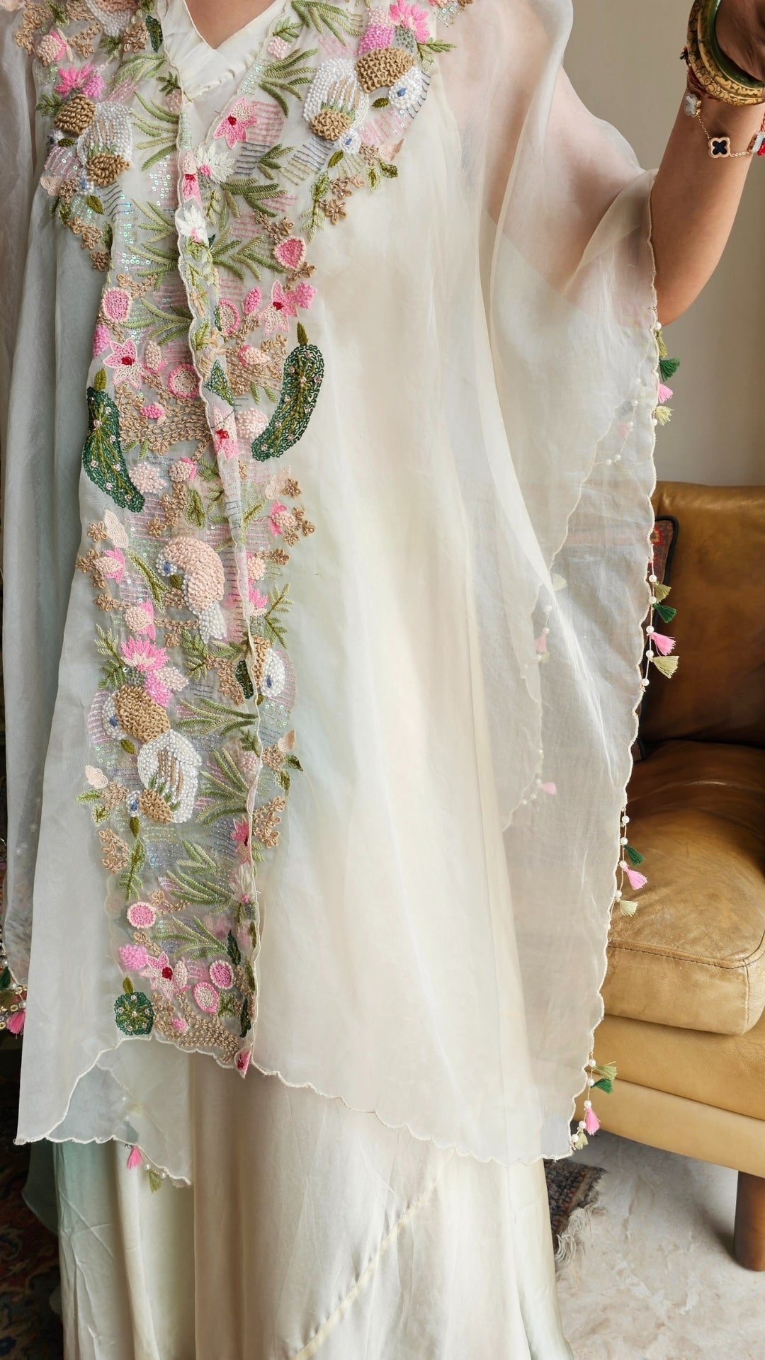 Beautiful Sea Green Satin Hand Embroidered Dress With Pure organza Cape