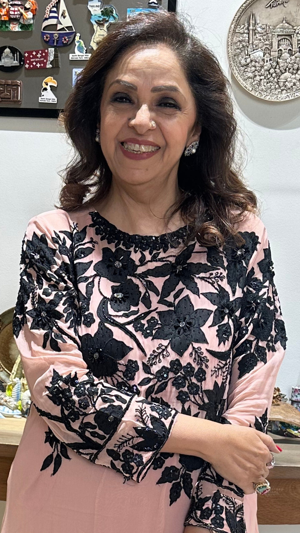 Peach Georgette Fully Lined 2 Piece Kurta and Flared Pants Dressed With Stunning Embroidery on Both Top and Bottom