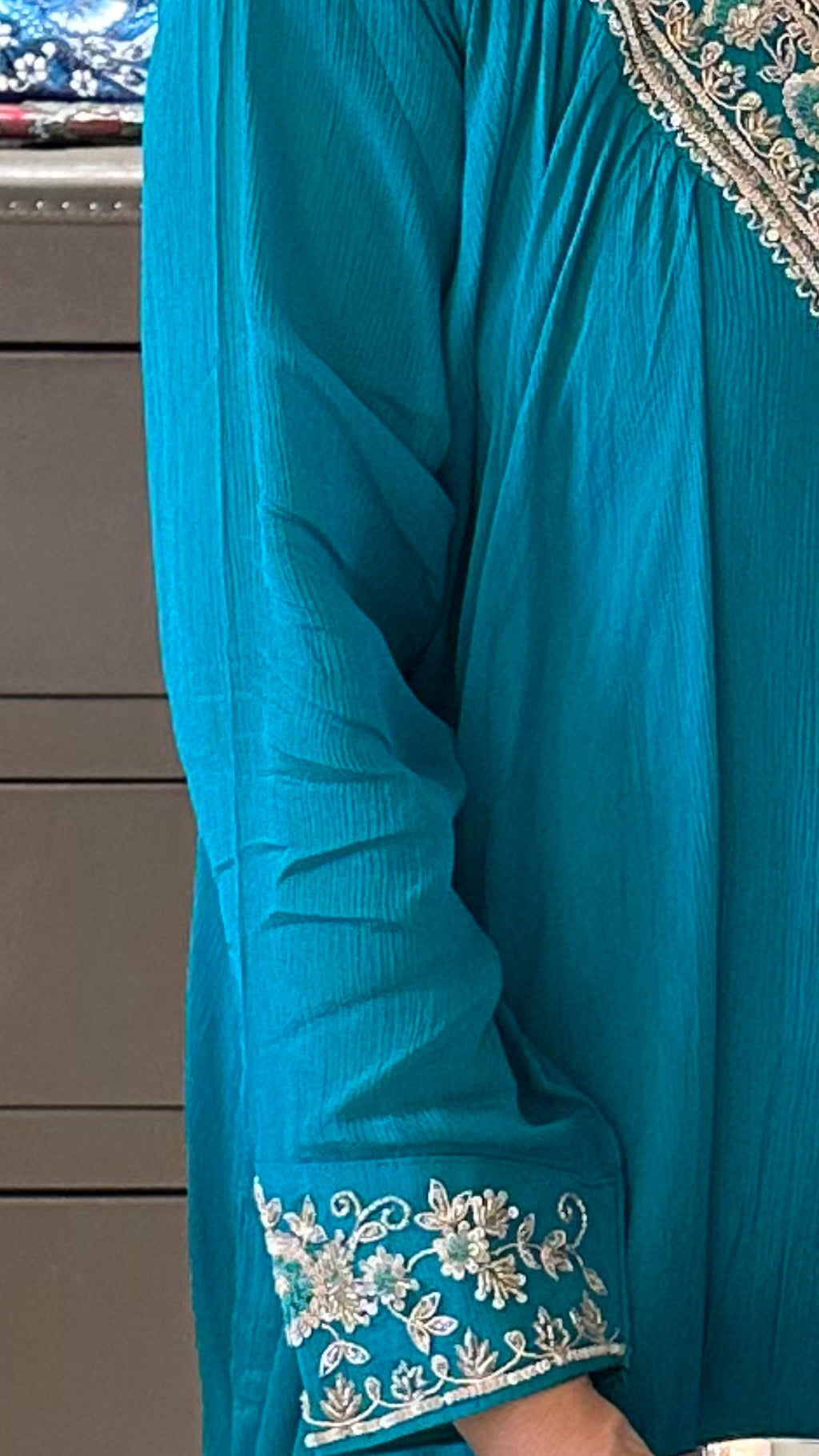 Hand Embroidered Chinon Top with Drape Skirt