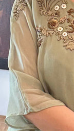Beautiful Sage Green Georgette Hand Embroidered Top With Drape Skirt