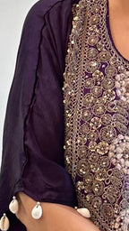 Purple and Beige Satin Shirt in Tie n Dye Yoke and Solid Color Bottom Embellished With Hand Embroidery Elaborate Neck