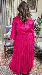 A Beautiful Fuchsia Silk Jacket Outfit With Heavy Hand Embroidery on it and With Wrinkled Silk Top and Bottom