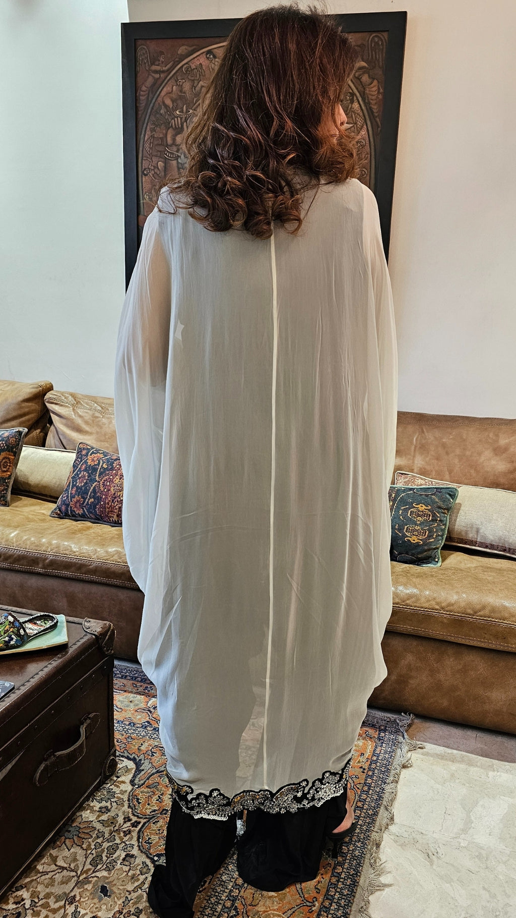 A Beautiful Heavily Embellished Crepe & Georgette Jumpsuit With Heavy Embroidery on Neck and Cape