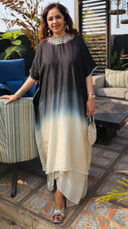 Stunning Blended Raw Silk Ombre Dyed Hand Embroidered Kaftan Style Outfit With Drape Skirt