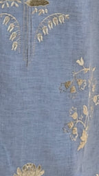 Ice Blue Linen Kaftan Maxi Dress in Gold Embroidered