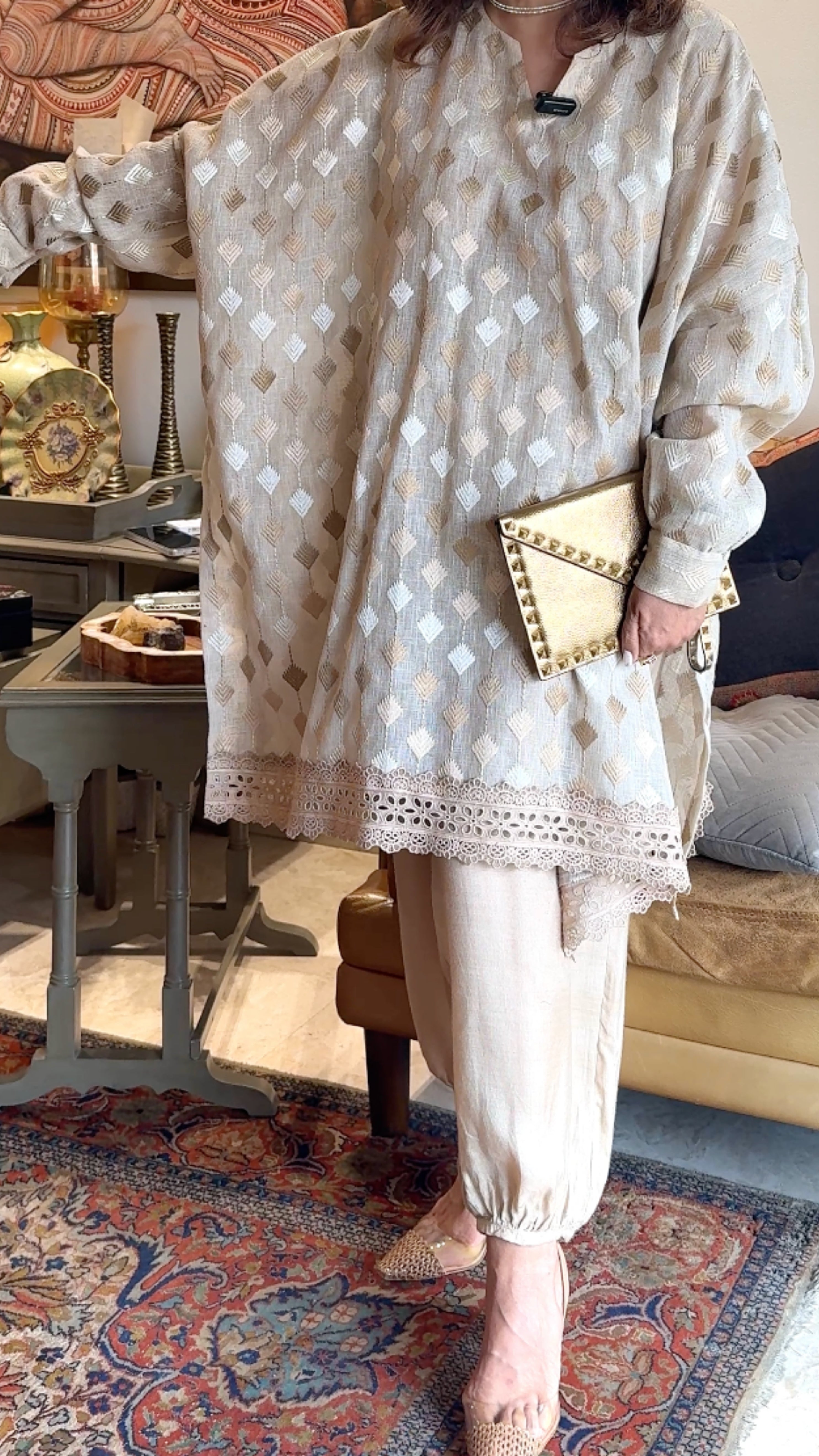 Ivory Linen Embroidered Top With Silk Cotton Afghani Pants