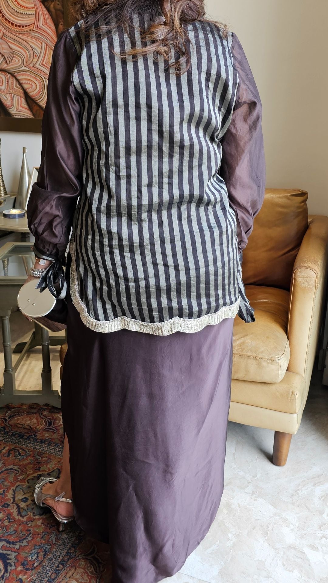 Dark Purple Silk Tissue Top with Hand Embroidered Zardosi Motif and Satin Drape Skirt