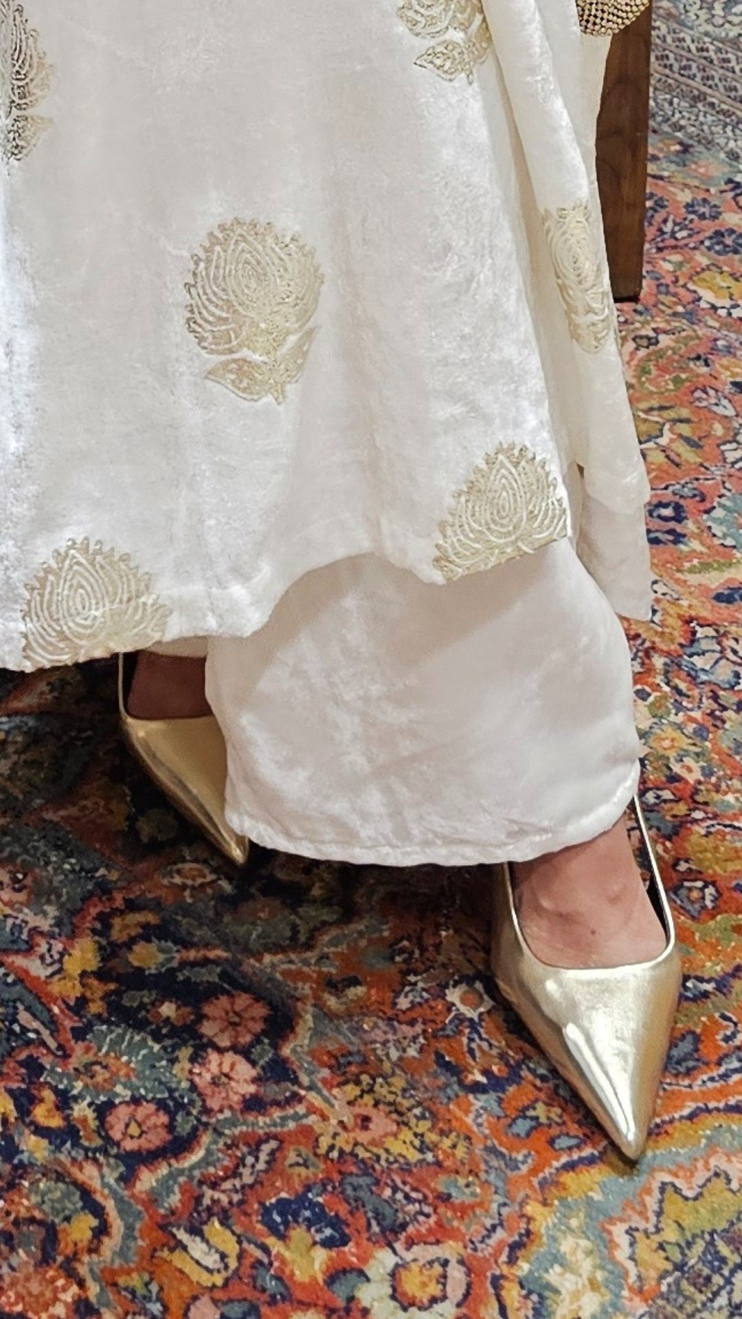 White Velvet Co-ord Set With Subtle Gold Work
