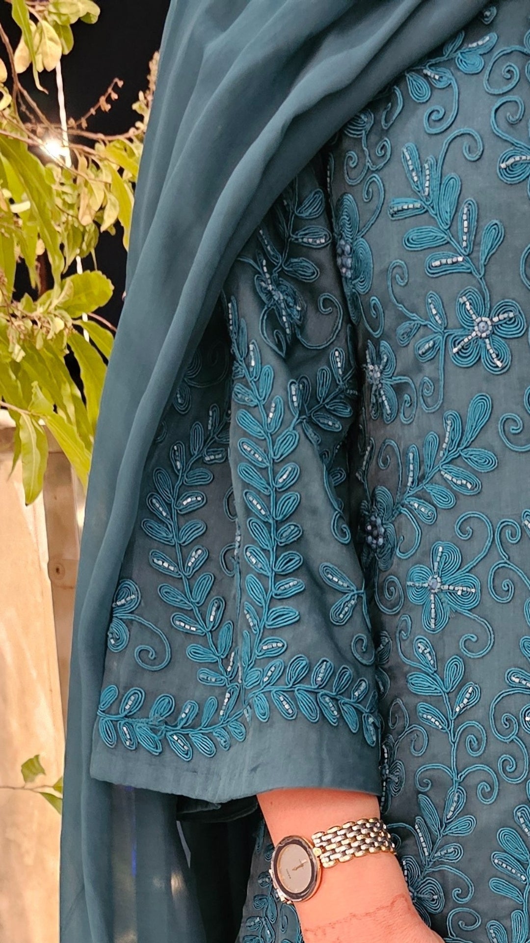 Teal Blue Gharara 3 Piece Set in Pure Organza With Dori Embroidery and Handwork