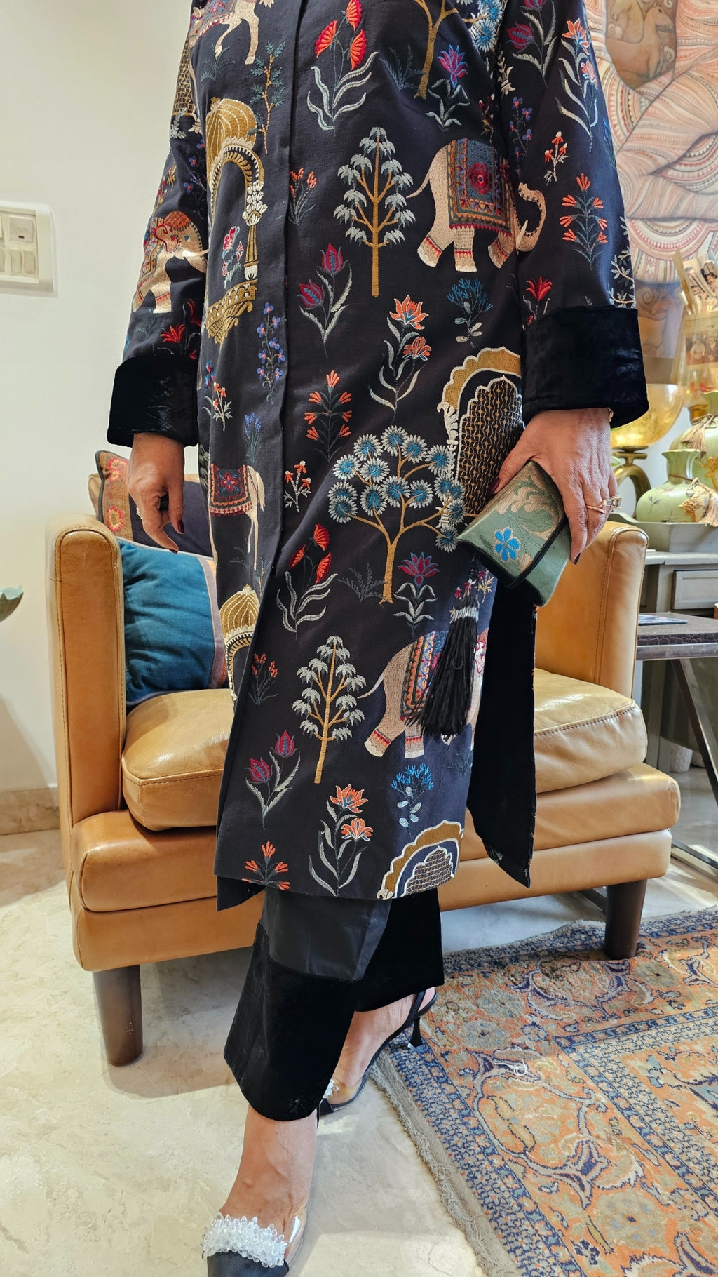 A Beautiful Silk linen Achkan With Pencil Pants Trimmed With Velvet