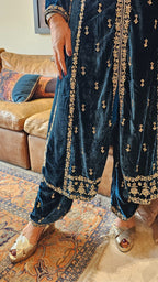 Gorgeous Plush Emerald Silk Velvet Top and Bottom with Hand Embroidery, Dabka work with Tissue Dupatta
