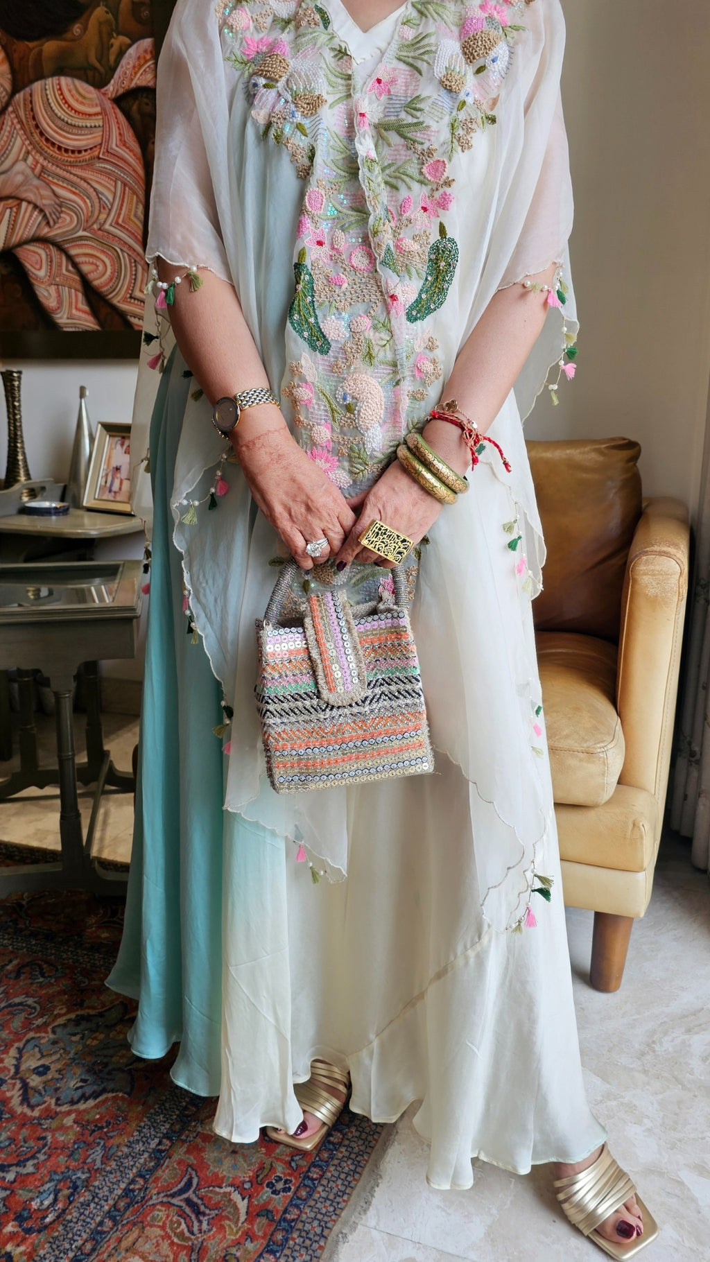 Beautiful Sea Green Satin Hand Embroidered Dress With Pure organza Cape