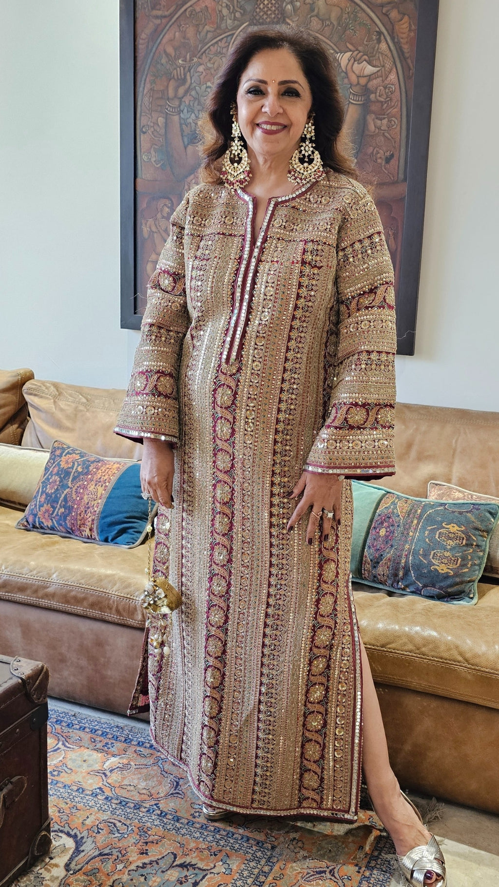 Elegant Crepe Silk One Piece Dress with Artisanal Mirror Embroidery