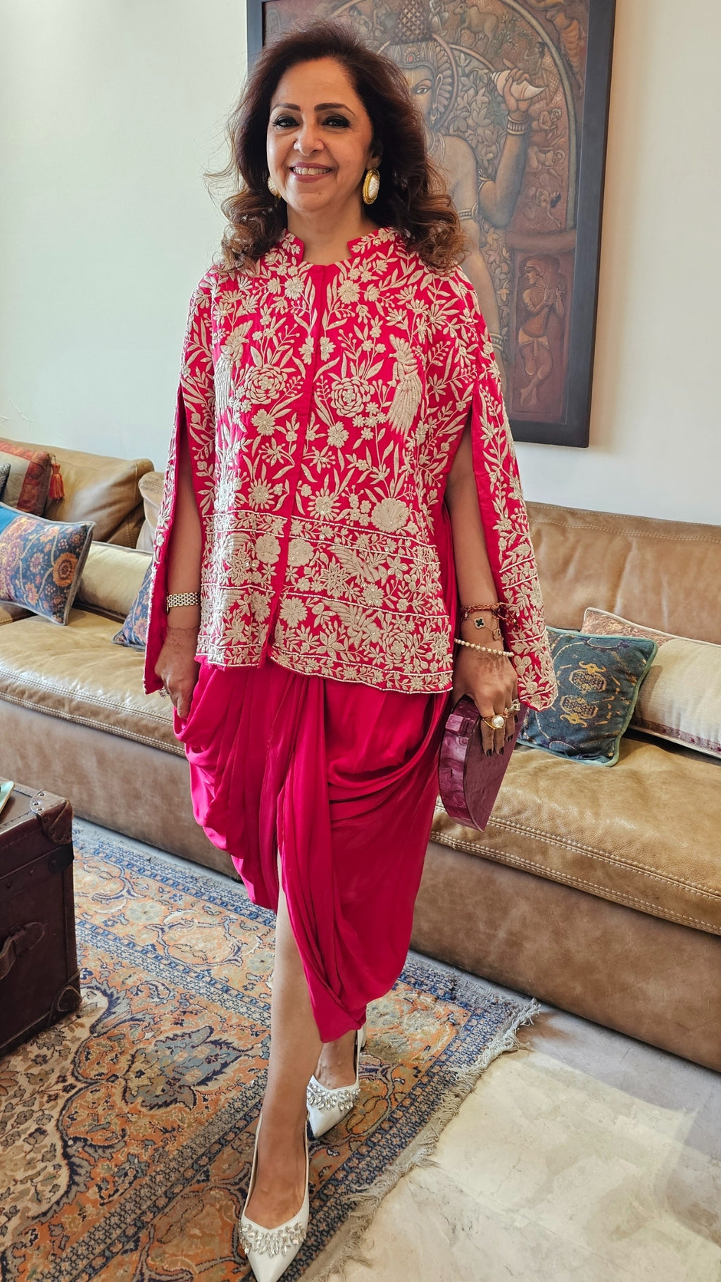 Adorable Fuchsia Pink Silk Parsi Hand embroidery with hand embroidered Bead work cape with satin Drape Skirt