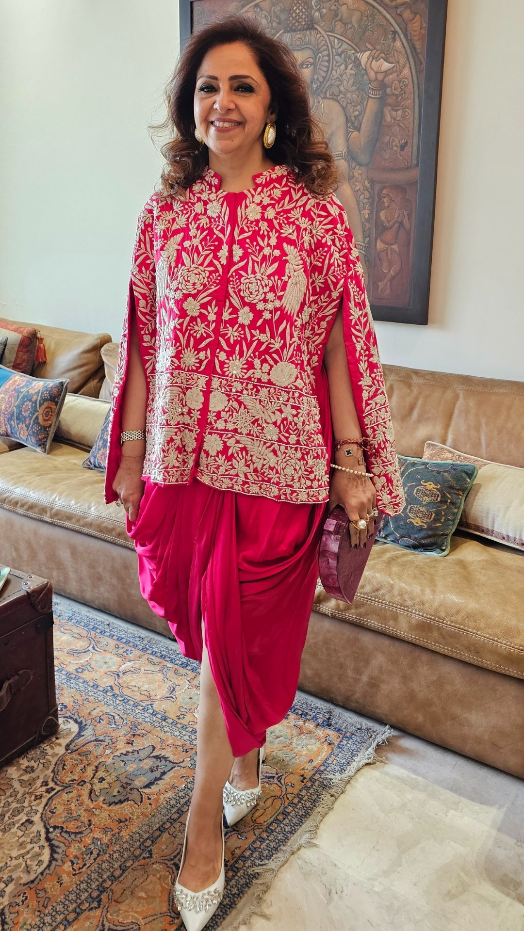Adorable Fuchsia Pink Silk Parsi Hand embroidery with hand embroidered Bead work cape with satin Drape Skirt