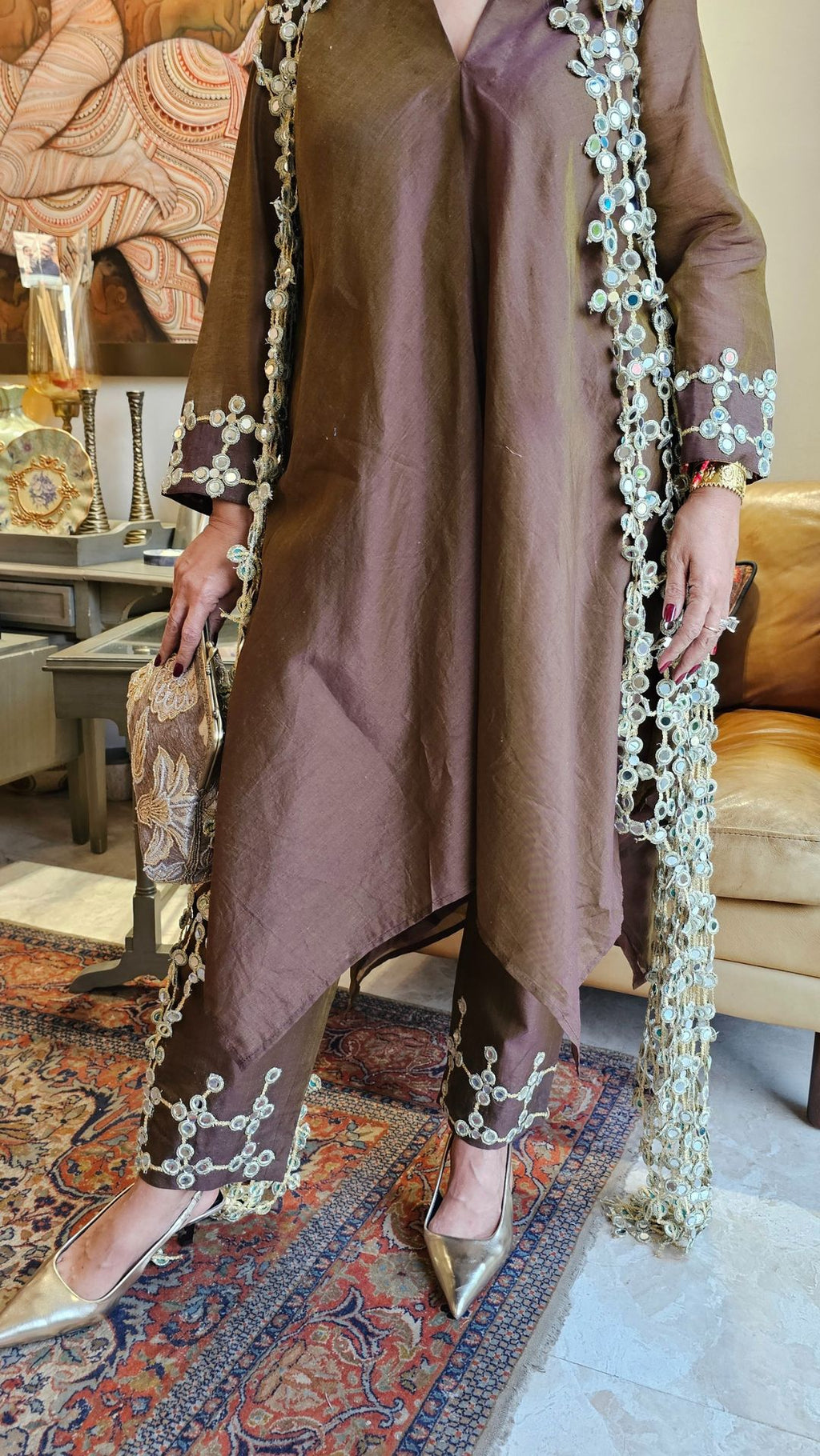 Brown Linen Shirt and Pants With a Mirror Work Cape