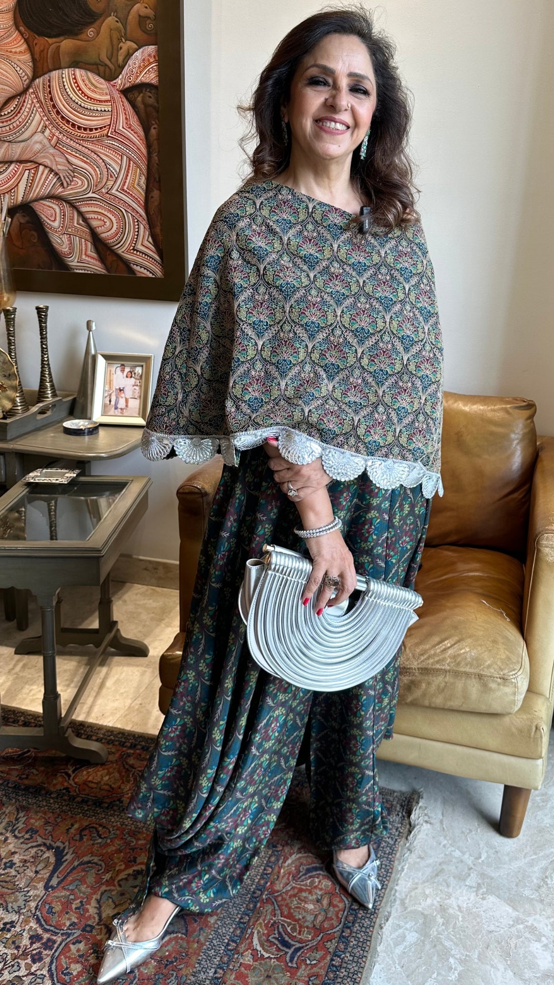 Silver Silk Top With Print Drape Bottom With Embroidered Work