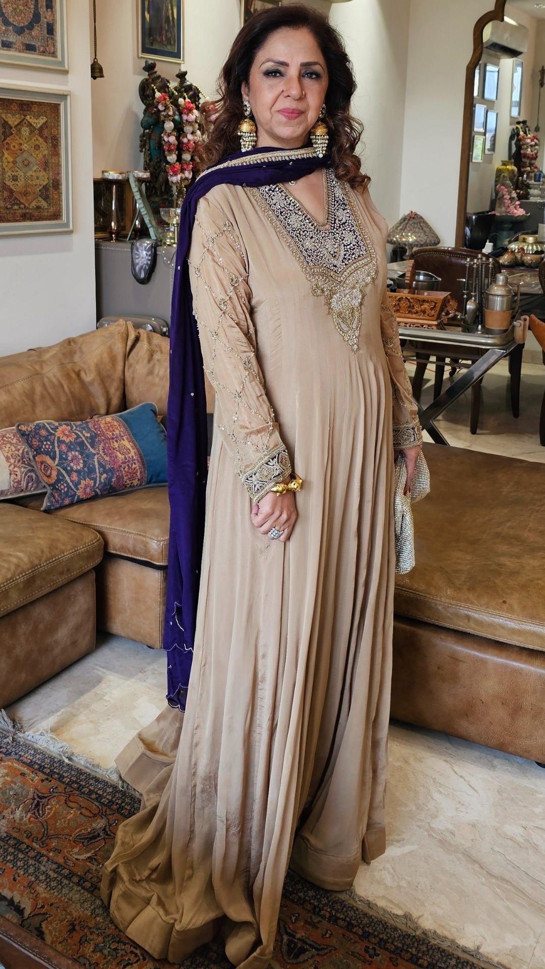 A Royal Full Length One Piece Dress With A Embroidered Dupatta & Hand Embellished Sleeves and Neck Line