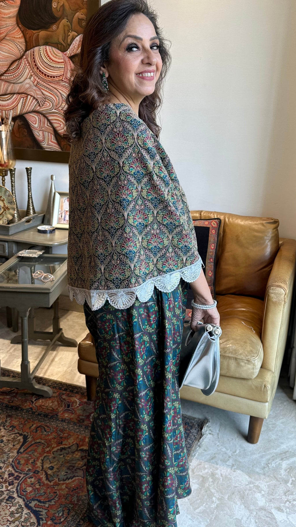 Silver Silk Top With Print Drape Bottom With Embroidered Work