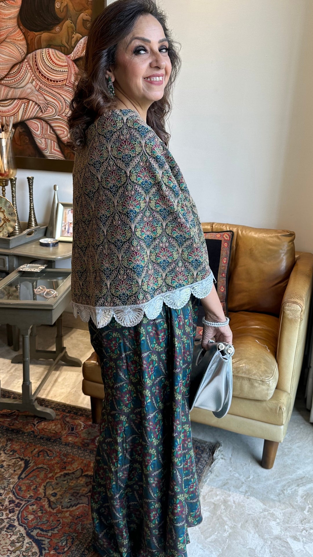 Silver Silk Top With Print Drape Bottom With Embroidered Work