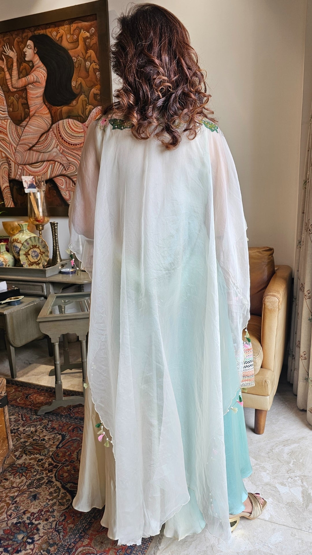 Beautiful Sea Green Satin Hand Embroidered Dress With Pure organza Cape