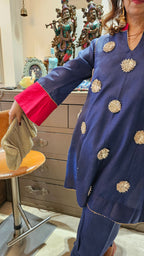 Navy Blue Linen Co-ord Set With Gota Flower Work
