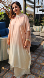Stunning Blended Raw Silk Ombre Dyed Hand Embroidered Kaftan Style Outfit With Drape Skirt