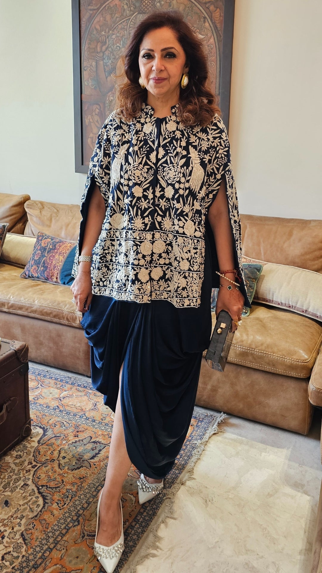 Adorable Midnight Blue Parsi Hand embroidery with Hand Embroidered Bead Work cape with satin Drape Skirt