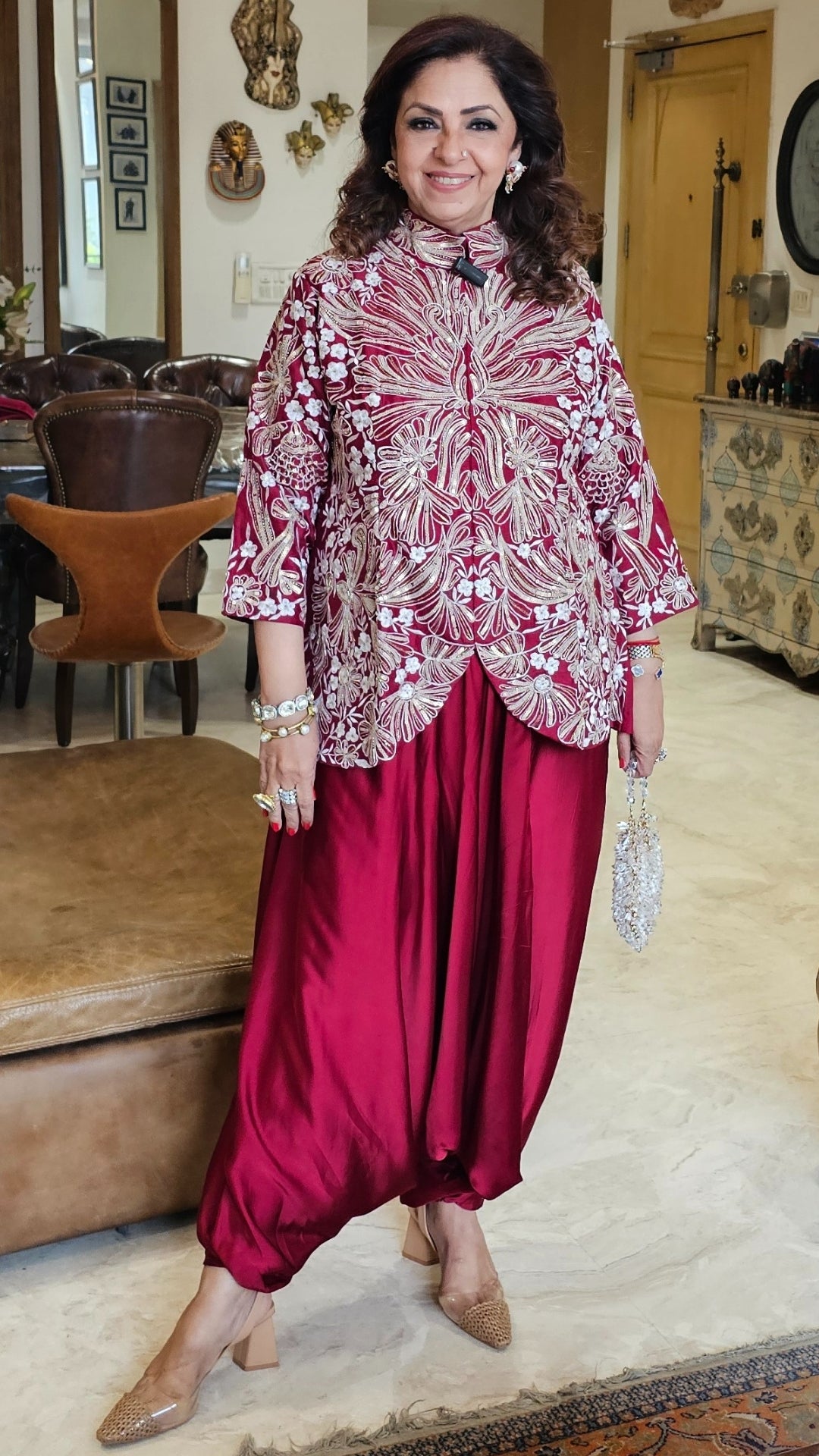 Adorable Silk & Satin Machine and Hand Embroidered Top With Satin Drop Crotch Pants